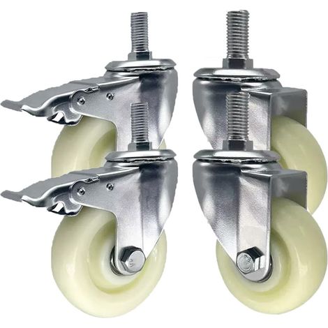 Ensemble de 4 roulettes pivotantes en nylon (3/4/5 pouces), tige filetée M20, système verrouillage antidérapant