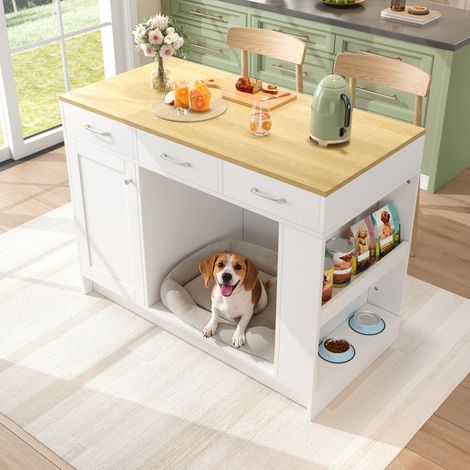 MEUBLIV Îlot de cuisine 120x60x90 cm blanc – 3 tiroirs, niche animaux, rangement (1/5)