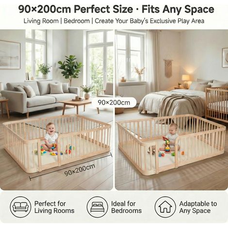 Parc bébé modulaire en bois naturel 90 x 200 cm barreaux 7 cm bords arrondis sol anti-pincement barrière sécurité animaux