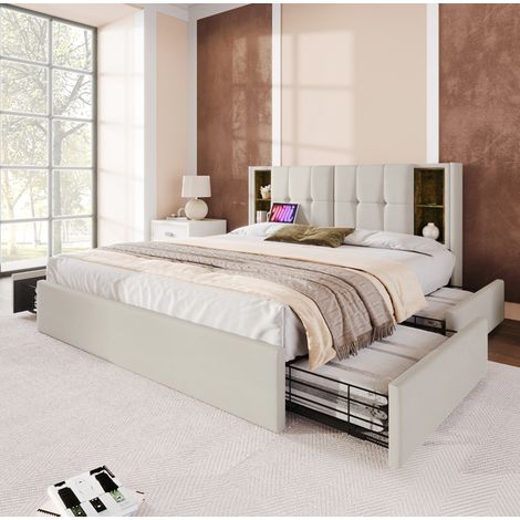 DESVIAE Lit double rembourré 160x200 cm avec recharge sans fil USB et USB C 4 tiroirs de rangement tête de lit avec étagères velours beige (1/5)