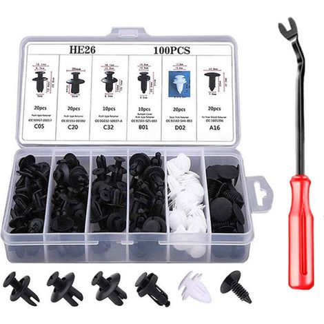 100 Pièces Clips Plastique Universels Pare-Chocs Voiture avec Outils Démontage (1/4)