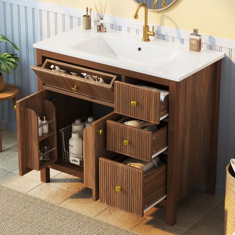 Mobile bagno da terra con lavabo in ceramica 91 cm marrone noce, OKMYHOME (1/5)