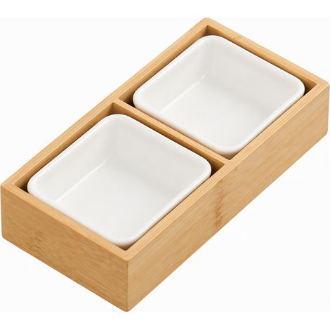 Plateau en bambou naturel à 2 compartiments, avec 2 soucoupes blanches (1/5)