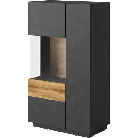 Buffet alto KILES con LED, 2 porte, antracite e rovere, porta vetrata a sinistra