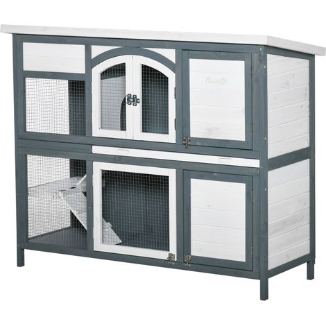 Rabbit Hutch Outdoor Guinea Pig Hutch 2 Tier Wooden Cage w/ Ramp, Divider, Openable Roof, 125 x 48 x 100cm Grey (1/5)