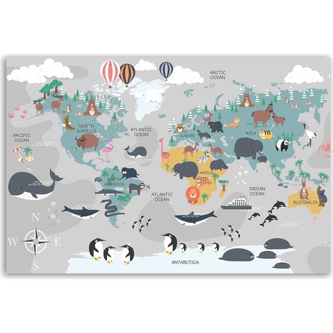 Tableau carte du monde illustrée animaux (1/5)