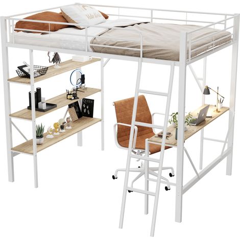 Lit mezzanine métal et MDF blanc 90x200 cm avec bureau et 3 étagères, sommier à lattes inclus (1/5)