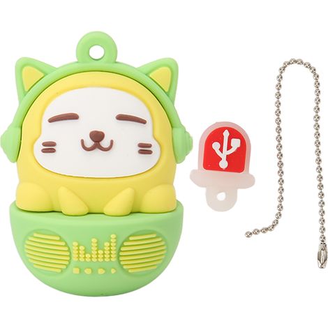 Clé USB 2.0 à motif chat, en PVC, jaune et vert, 16 g, prise en main facile, antichoc, compatible avec téléphones et ordinateurs portables. (1/5)