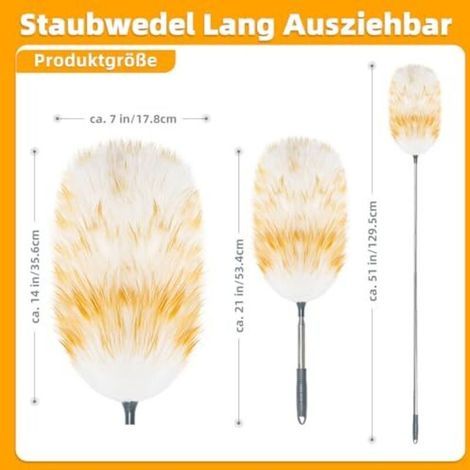 Plumeau en laine d'agneau de haute qualité, télescopique, lavable, extensible jusqu'à environ 130 cm – aspiration électrostatique de la poussière pour plafonds et surfaces sensibles, (1/4)