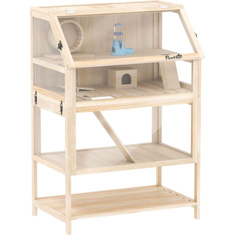 Cage hamster 3 niveaux avec panneaux acryliques transparents, roue incluse, habitat rongeur 80x53x117cm, aspect bois naturel (1/5)