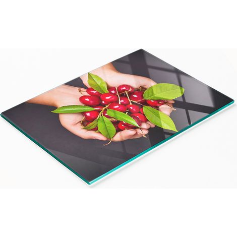 Tabla de cortar decorativa de cristal para cocina con diseño de cerezas en manos, 80x52 cm. (1/5)