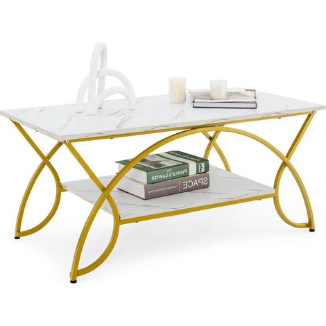 COSTWAY Modern Faux Marble Coffee Table 2-Tier Accent Table Chic Cocktail-White