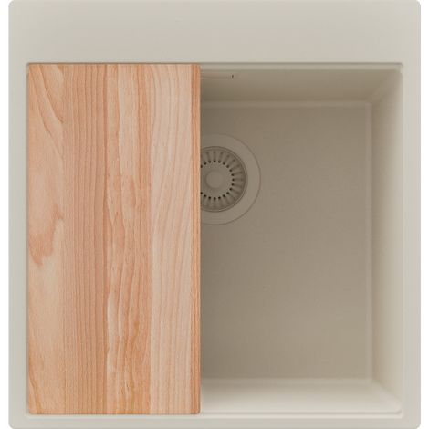 PRIMAGRAN Evier Cuisine en Granit 48x50cm,Lavabo 1 bac + Kit de Vidage + Planche à Découper, Évier à Encastrer au meuble 50cm - Oslo, Beige (1/5)