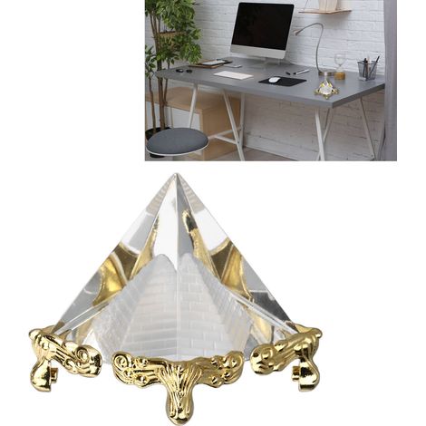 Pyramide de Méditation Cristal Sculptée avec Prisme et Support Doré pour Décor Feng Shui (1/5)