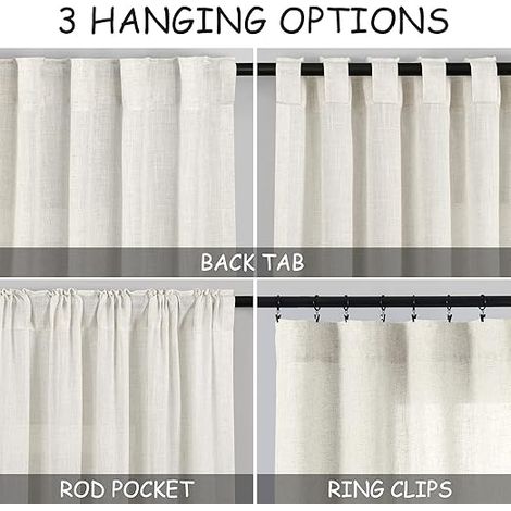 Rideaux à pattes de fixation en lin crème, 2 panneaux de 213 cm de longueur, style ferme moderne neutre, semi-transparents, rideaux rustiques à plis pincés pour plus d'intimité (blanc) (1/5)