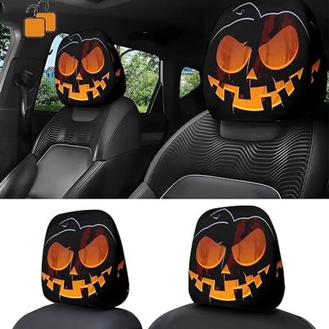 Copri poggiatesta per auto, 2 pezzi, motivo a faccia di fantasma inquietante, copertura completa, morbidi e si adattano perfettamente, lavabili, decorazione per auto di Halloween (1/5)