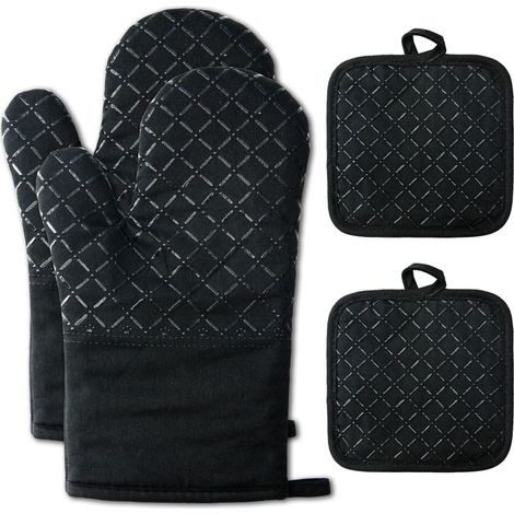 Gants de Four Gants de Four 1 Paire et Manique Silicone Gants de Cuisine Cuisine avec Tapis de Maniques Résistant à Chaleur Antidérapant Gant Four pour BBQ Cuisiner Cuire Micro-Ondes (Noir) (1/5)
