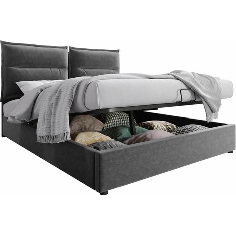 Lit Coffre 2 Places 140 x 200 cm en Velours, Tête de Lit Réglable et Rangement, sans Matelas, Gris (1/5)