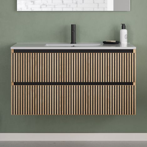 Meuble de salle de bain 100cm simple vasque - 2 tiroirs - sans miroir - roble era (chêne clair) - VENERIA