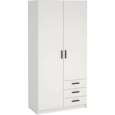 Armoire 2 Portes Sultani, Dressing Chambre, Patères, 4 Étagères, 49,8x200,4h cm Blanc