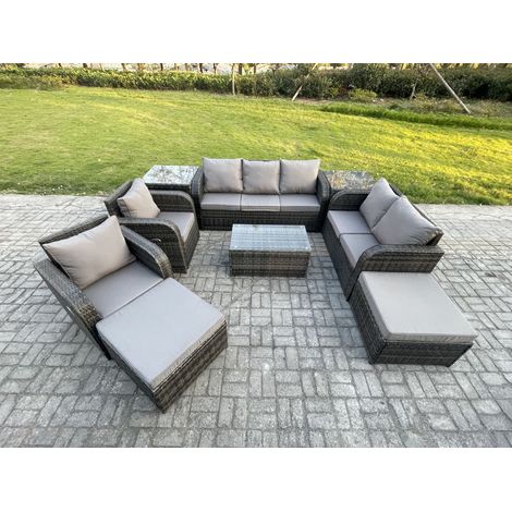 Fimous Ensembles de meubles de jardin 9 places Ensemble de canapés en rotin avec Table basse rectangulaire Chaise inclinable Canapé d'amour 2 Tables d'appoint 3 Tabourets (1/5)