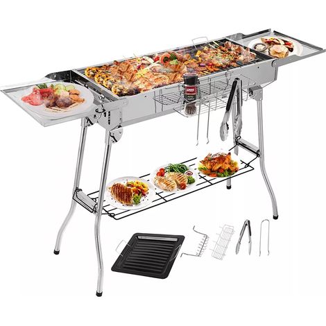 TLGREEN Holzkohlegrill XXL(122 30 75cm),Tragbarer Kohlegrill, Klappgrill Edelstahl, BBQ Charcoal Grill mit Antihaft-Pfanne, Einstellbare Belüftungsöffnungen, Camping Grill für Garden Backyard Pickni