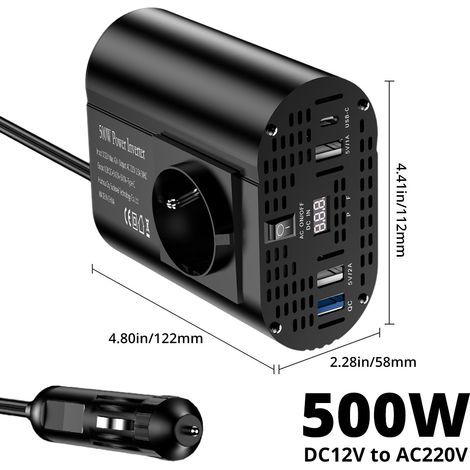 500w convertisseur 12v 220v, onduleur 12v 220v avec 1 Prise, Type C 30W, Charge Rapide USB 25W, 3 Ports USB, Affichage LED (1/5)