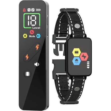 Collier de dressage pour chien, collier anti-aboiements avec télécommande d'une portée de 975 m (3200 pieds), 4 modes de dressage, 18 niveaux de sensibilité réglables et rechargeable (noir) (1/5)