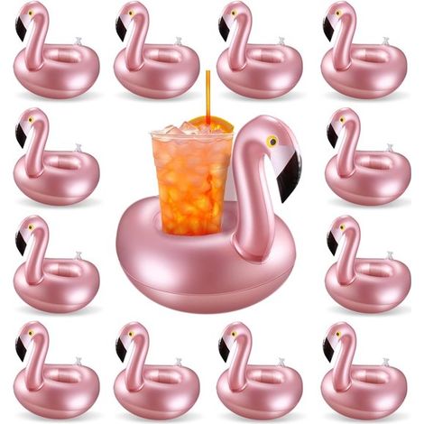 Juego de 12 portavasos inflables flotantes con forma de flamenco，Soportes para vasos color oro rosa para fiestas en la piscina (1/5)