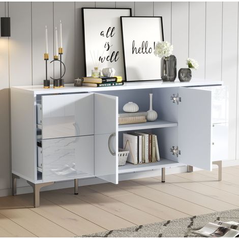 Credenza 150x38x59.5 cm, 4 cassetti, 2 ante, finitura lucida, piedi in metallo, MDF bianco (1/5)