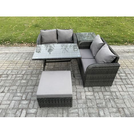 Fimous Ensemble de meubles de jardin en polyrotin 5 Pièces avec Table à manger rectangulaire Canapé d'amour Grand tabouret Table d'appoint (1/5)