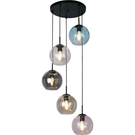 Pendelleuchte Metall Glas E27 D: 51 cm rund H: max. 120 cm Schwarz Bunt Kugel Schirm Retro Design
