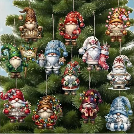 Décoration Sapin De Noël Nains - Bois Naturel - 12 Pièces - Pour Sapin Miniature Ou Standard - Motifs Festifs (1/5)