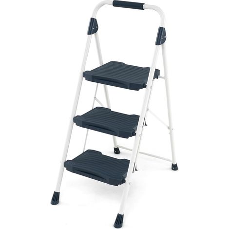 COSTWAY Escabeau Pliable 3 Marches avec Main Courante Rembourrée & Pédales Antidérapantes, Échelle Légère Portable Robuste en Acier au Carbone pour Cuisine, Jardin Bureau, Charge 360 KG (Bleu)