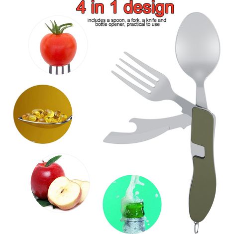Ensemble de 4 couteaux, fourchettes et cuillères pliables et portables en acier inoxydable, vert, idéal pour le camping et les pique-niques. (1/5)