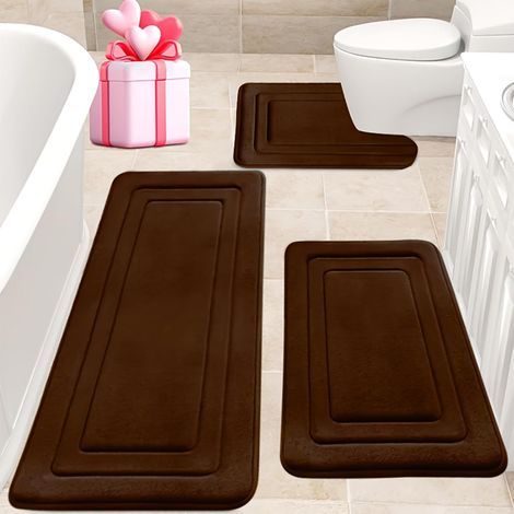 Ensemble de Tapis de Bain Café 3 Pièces – Antidérapant et Lavable, Tapis de Salle de Bain en Polaire Corail à Poils Longs, Tapis pour Douche, Baignoire et WC avec Découpe (1/5)