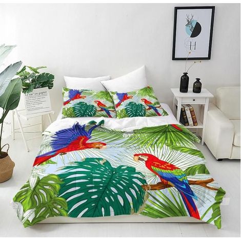 Housse de Couette 220x240 cm avec 2 Taies d'oreiller 65x65 cm Microfibre Parure de Lit Imprimé Tropical Perroquet Palmier - DRC (1/4)