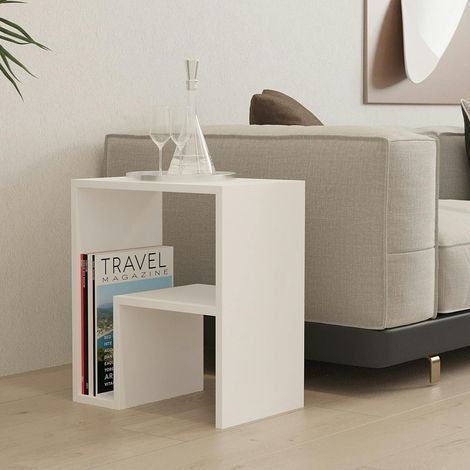 Table d'appoint design blanche, forme L avec rangement MARFA (1/5)