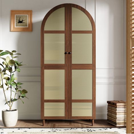 Armario de almacenaje con puertas arqueadas, barra y cajones, 80 x 50 x 179 cm, nogal DESVIAE (1/5)