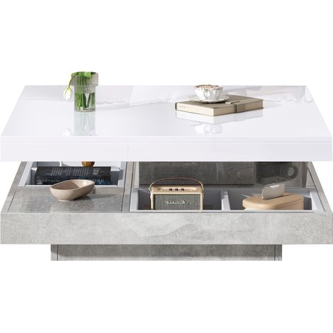 Table basse double plateau rotative 360° avec rangement, finition laquée blanche et effet marbre, 70 x 70 x 36 cm – CHICFURN (1/5)