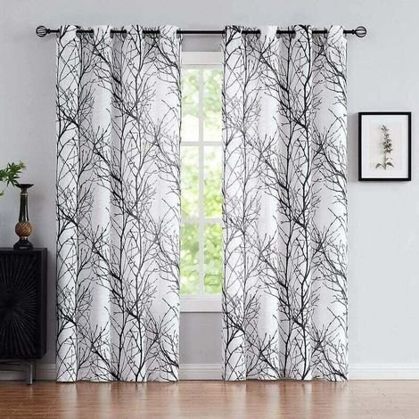 Rideaux Panneaux à Oillets - Noir et Blanc Transparents - Motif Branche d'Arbre - 243cm de Long - Semi-Transparents Moderne pour Salon ou Chambre (1/5)