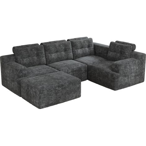 Sofá modular combinado en chenilla gris, sin montaje, configurable en L o U, 5 plazas con otomana (1/5)