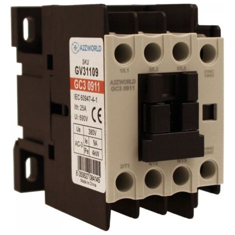 Contattore Motore 3P 3M, Teleruttore Trifase Industriale AC 380V 3NO, Bobina 220V AC, Contatto Ausiliare 1NO+1NC, IP20 (9A)