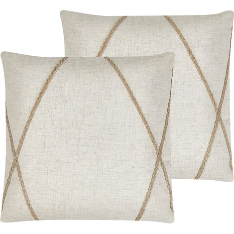 Conjunto de 2 cojines decorativos yute beige patrón geométrico 45 x 45 cm fundas extraíbles cierre de cremallera estilo boho moderno Licuala (1/5)