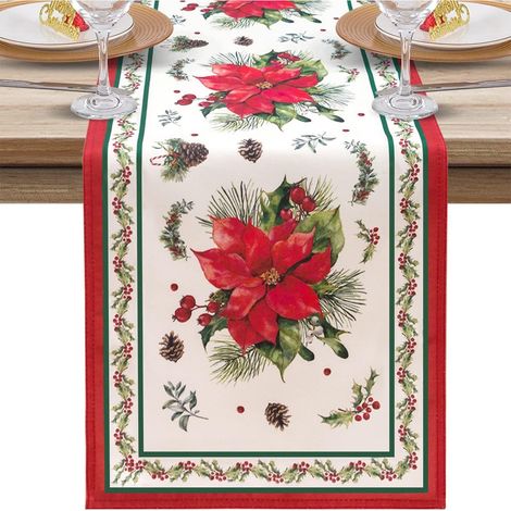 Chemise De Table De Noël - 33 X 183 Cm - Polyester Rouge - Décoration De Table Pour Repas Festifs Et Réceptions Familiales - 1 Pièce