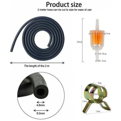 QORVA-Kit de Filtre a Essence Moto avec 2 Pièces Filtre a Gasoil Carburant Diesel et 2M Durite Essence Tondeuse 8mm et 10 Pièces Collier Durite pour Scooters Moto,Tondeuses Gazon,Moteur