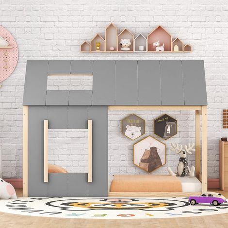 Lit enfant 90x200 cm maison avec toit et fenêtres en bois naturel et gris (1/5)