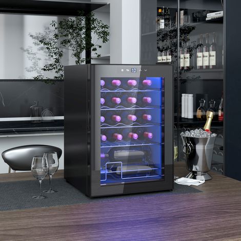 Réfrigérateur à vin noir 53L pour 20 bouteilles avec compresseur 5-18°C. Porte vitrée anti-UV,lumière LED et écran tactile pour vos boissons.