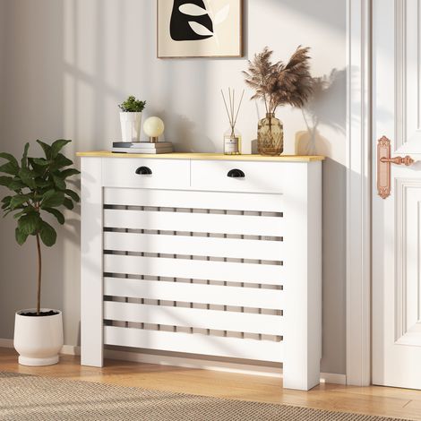 Couvre-radiateur MDF 2 tiroirs Blanc 111x95,5cm Design moderne avec rangement pratique pour salon et chambre élégant (1/5)
