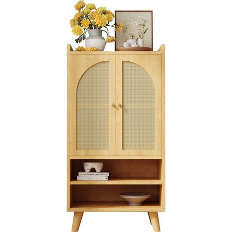 ELVMI Aparador Alto con Puertas de Ratán y Compartimentos Abiertos, para Salón o Cocina, en Madera, Natural, 60×40×121 cm (1/5)